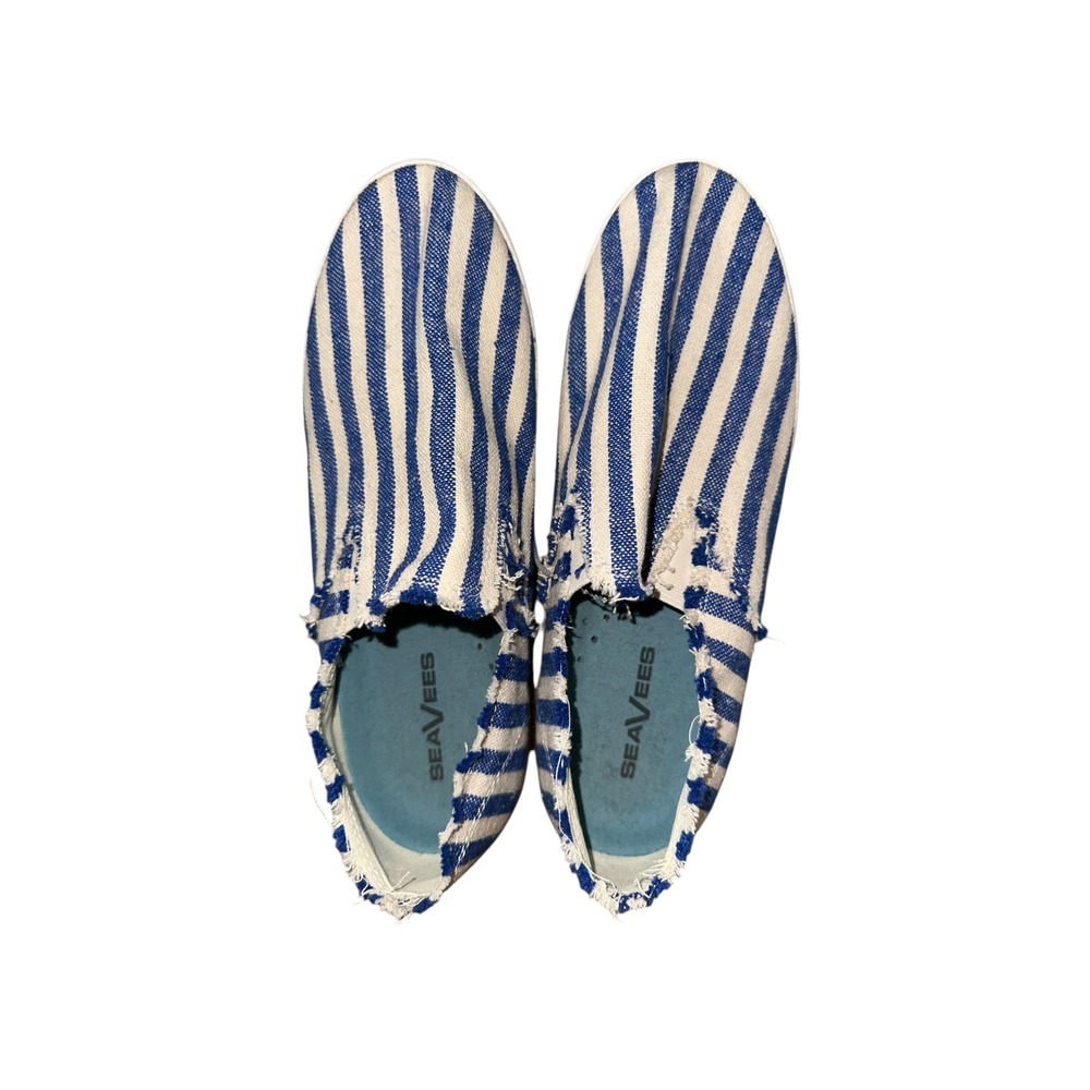 SeaVees Baja Slip On Frayed Linen Stripe Blue White Womens 10 NWOT
